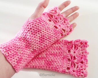 Crochet cotton blend gloves with lace trim, pink, wrist warmers, fingerless gloves, handwarmers, R600