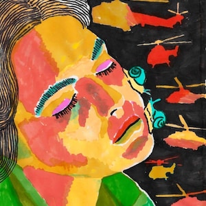 May include: A colorful illustration of a woman's face with closed eyes. The woman's face is painted in shades of red, orange, and yellow. The background is black with multiple helicopter silhouettes in shades of red, orange, and yellow.