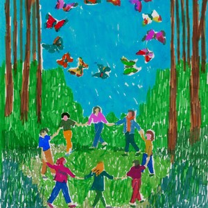 May include: A colorful illustration of children holding hands in a circle in a forest.  Butterflies fly in a circle above them. The text in Hebrew reads "מספר סיפורים בקבוצה יעלפים מענגים".