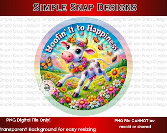 Happy Cow Digital Art PNG - Cute Cow Illustration - Bright Floral Scene
