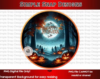 Spooky Happy Halloween Digital Download, Graveyard Scene PNG,| Halloween Decor, Printable Halloween Art, Instant Download