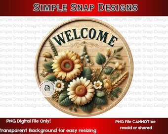 Welcome Sign PNG, Sunflower Floral Digital Download - NO BORDER, Rustic Home Decor, Farmhouse Welcome Art, Printable Wall Art