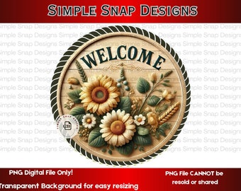 Welcome Sign PNG, Sunflower Floral Digital Download - BLACK BORDER, Rustic Home Decor, Farmhouse Welcome Art, Printable Wall Art