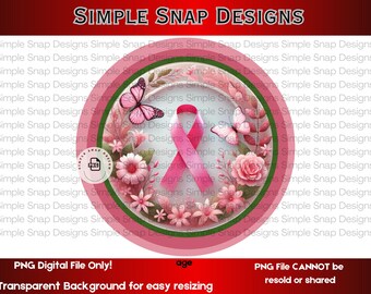 Breast Cancer Awareness PNG, Pink Ribbon Digital Download, Floral Butterfly PNG, Breast Cancer Support Clipart, Instant Download
