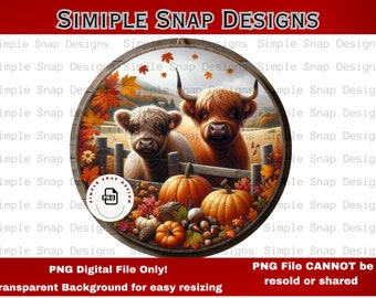 Fall Highland Cow PNG Digital Download, Autumn Farmhouse Decor, Pumpkin and Leaves Illustration, Rustic Fall Decor for Crafts