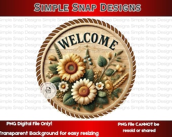 Welcome Sign PNG, Sunflower Floral Digital Download - BROWN BORDER, Rustic Home Decor, Farmhouse Welcome Art, Printable Wall Art