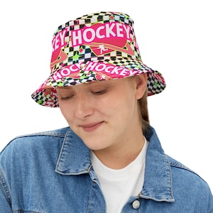 I Heart Checkered Hockey Bucket Hat, Pink Heart, Sun Hat, For Hockey Lovers, Hockey Players, Hockey Gift, Female Girls Mom Hockey,Hockey Hat
