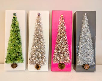 Crushed Glass Christmas Tree Canvas Art, Holiday Decor, Resin Coated