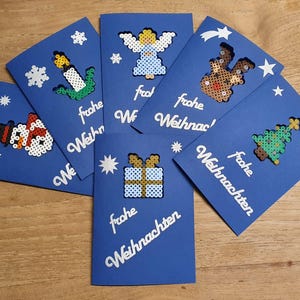 DiY Weihnachtskarten - Sechs Bügelperlenkarten blau/silber incl. Steckplatte und Briefkuverts