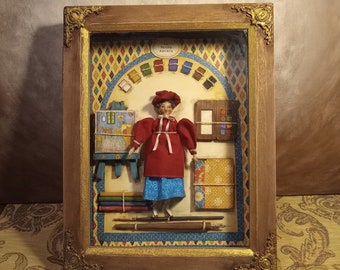 6 Inch Artist Doll and Accessories in 11" x 14" Shadow Box