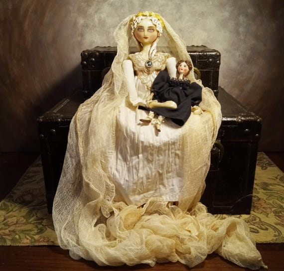 Custom Primitive Regency Style Ghost Doll with Mourning Doll: Memento Mori Folk Art