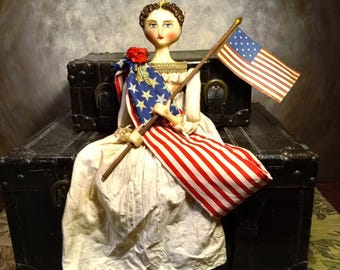 Customized Americana Primitive Lady Liberty Doll 18 inch Handmade Regency Flag Patriot Handmade