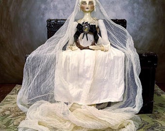 Ready to ship! OOAK Handmade Primitive Gothic Ghost Art Doll: Memento Mori Portrait Wreath