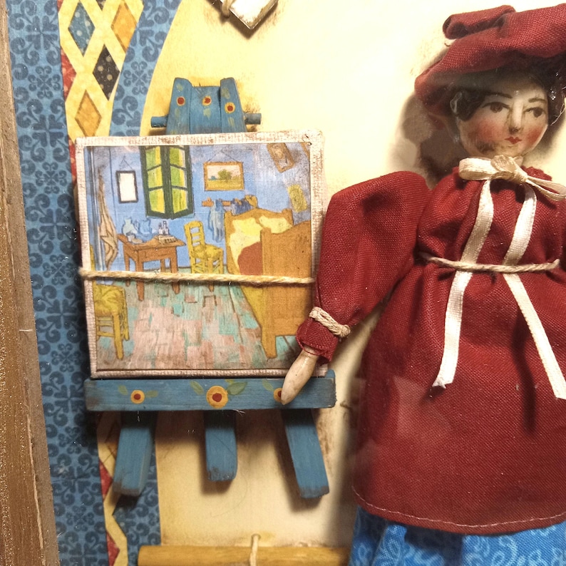The Little Artist (La Petite Artiste) - OOAK Doll and Accessories in Vintage Shadow Box image 5