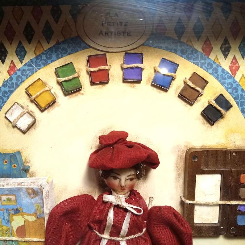 The Little Artist (La Petite Artiste) - OOAK Doll and Accessories in Vintage Shadow Box image 4