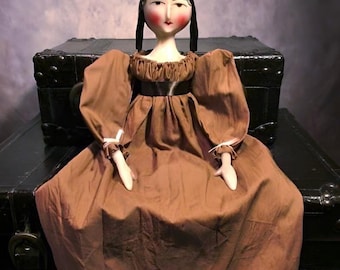 Primitive Long Sausage Curls, Brown Dress -18" Customized Handmade Regency Doll