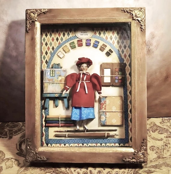 Vintage Primitive Antique Wall Art - La Petite Artiste - OOAK Doll in Vintage Studio Shadow Box