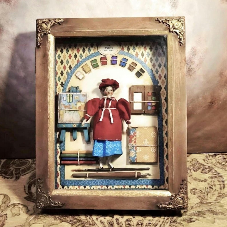 The Little Artist (La Petite Artiste) - OOAK Doll and Accessories in Vintage Shadow Box image 1