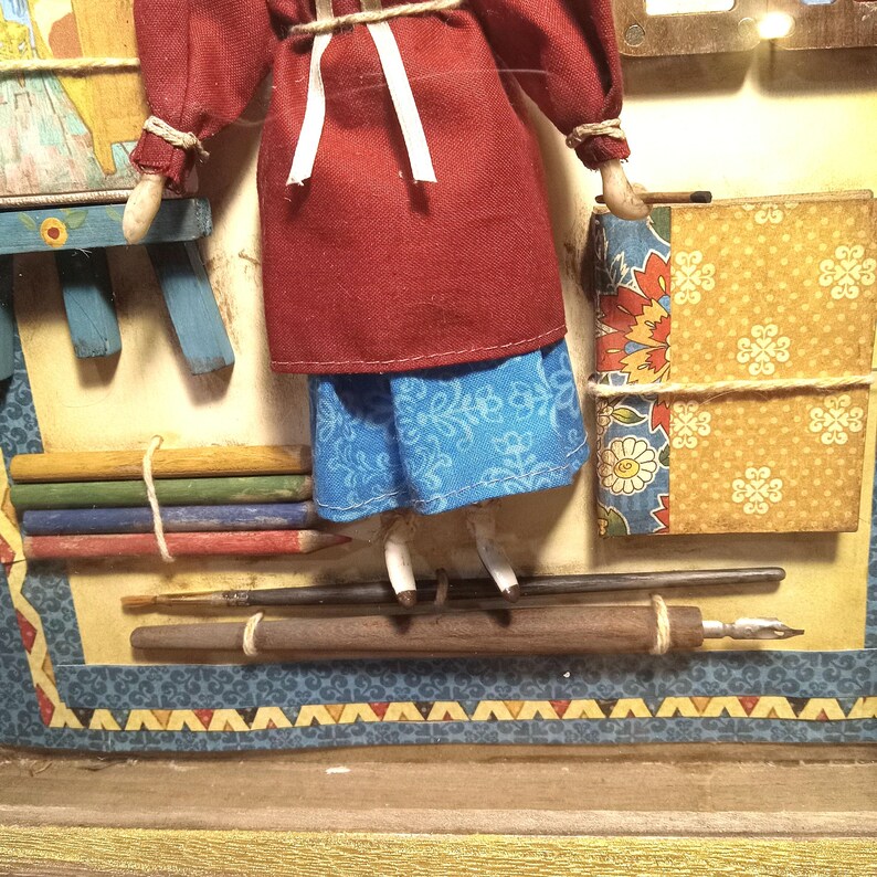 The Little Artist (La Petite Artiste) - OOAK Doll and Accessories in Vintage Shadow Box image 8