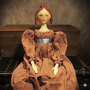 Customized, Brown Dress, Spin Curls and Curly Bun Primitive Regency Doll