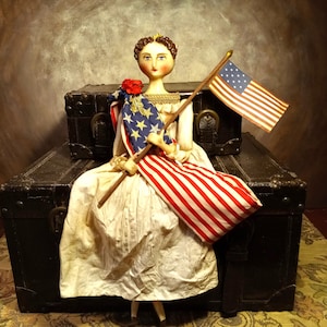 Customized OOAK Americana Lady Liberty Doll 18 inch Handmade Regency Flag Patriot Tree Topper Shelf Sitter