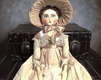 Custom Regency Doll Jewelry, and Bonnet Folk Art Primitive Doll Primitive Grodnertal Style