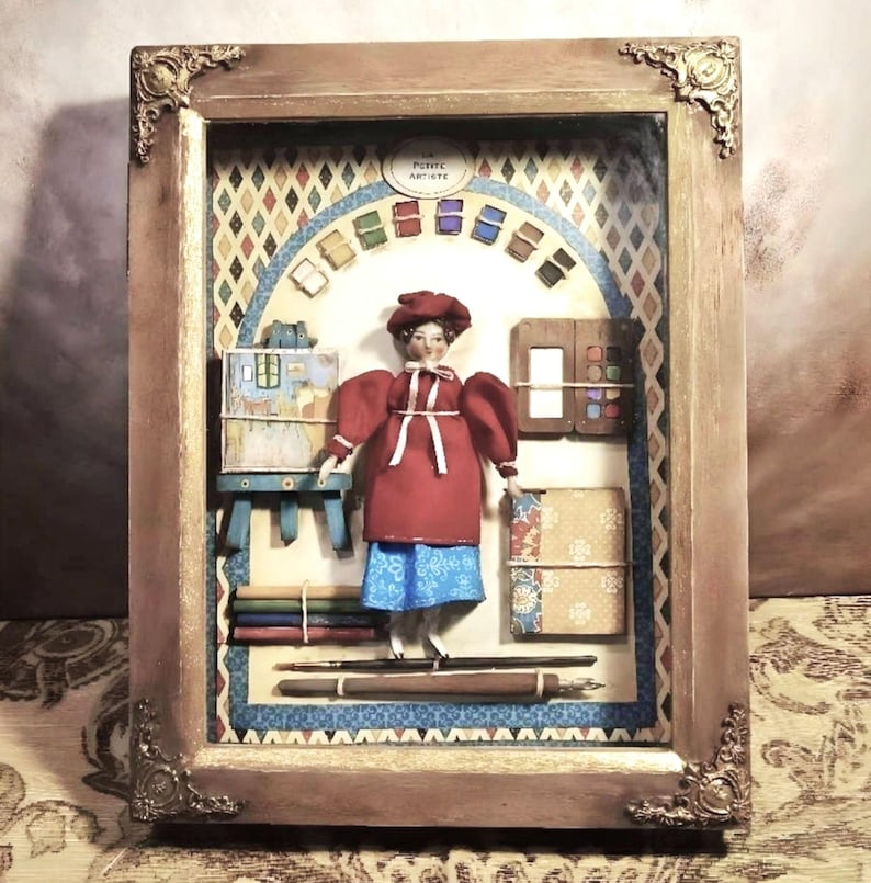 The Little Artist (La Petite Artiste) - OOAK Doll and Accessories in Vintage Shadow Box image 2