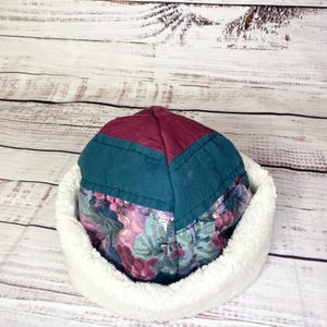 Upcycled Quilt Hat Gift Women Boho Beanie Burgundy Sherpa Cuff Trim Patchwork Handmade Bohemian Winter Headwear Cold Weather Slouchy Vintage