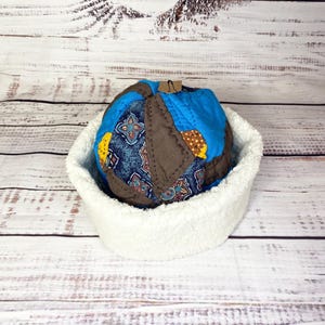 Upcycled Quilt Beanie Hat Gift Women Boho Blue Winter Cap Sherpa Lined Headwear Handmade Patchwork Warm Cozy Accessory Sustainable Textile