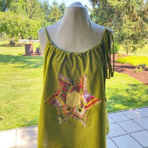 Handmade Tank Top Olive Green Women Clothing Tie Shoulder Adjustable Sleeveless Tunic Shirt Quilt Block Vintage Applique Bohemian Patchwork