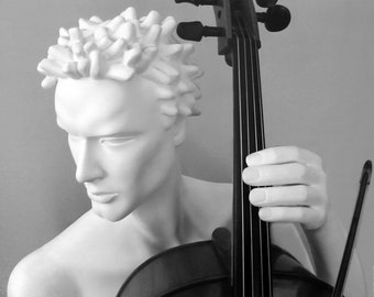 mannequin photo, cello art, black and white photo, Retagene, mannequin art, modern mannequin