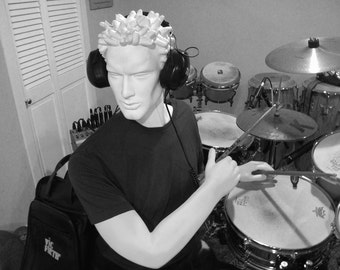 mannequin photo, Mannequin playing drums, black and white, male mannequin photo, 8x10", art for drummers