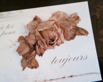 romantic rose print, matted 5x7", faded roses, neutrals, French saying