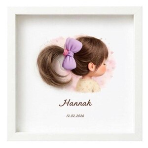 May include: A framed illustration of a young girl with brown hair in a ponytail, tied with a purple bow. The illustration includes the name "Hannah" and the date "12.02.2026". Soft pink watercolor accents form the background of the image.