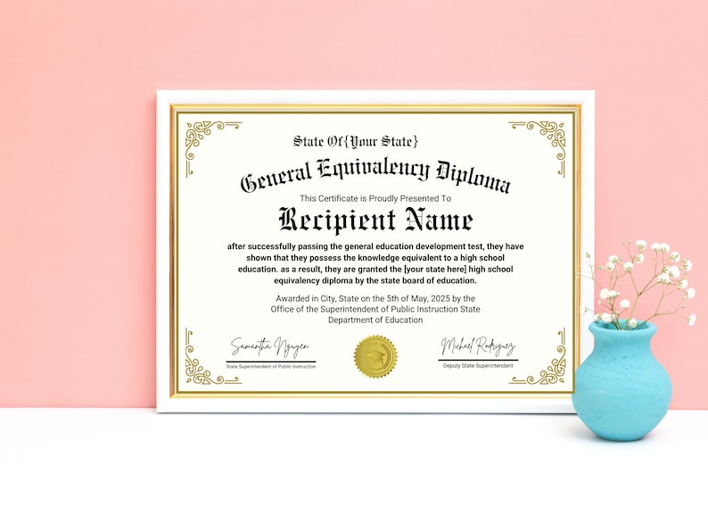 May include: A white certificate with a gold border and ornate design. The text reads "State Of [Your State] General Equivalency Diploma" and "This Certificate is Proudly Presented To Recipient Name". The certificate is signed by Samantha Nugen, State Superintendent of Public Instruction, and Michael Rodriguez, Deputy State Superintendent.