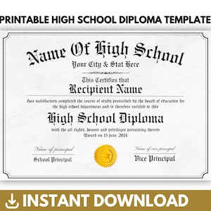 Plantilla de diploma de escuela secundaria imprimible, diploma de graduación, diploma de equivalencia escolar, plantilla de réplica de diploma editable, descarga instantánea