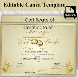 Plantilla de certificado de boda editable, certificado de boda con vegetación, certificado de matrimonio, descarga instantánea, recuerdo, plantilla de matrimonio