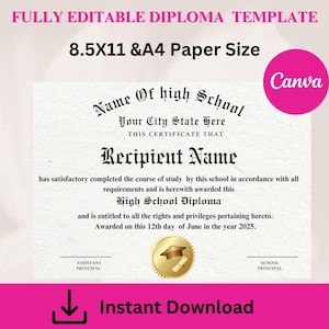 Editable High School Diploma Template, High School Diploma, Home School Diploma, Diploma Template, Printable Certificate With Seal,