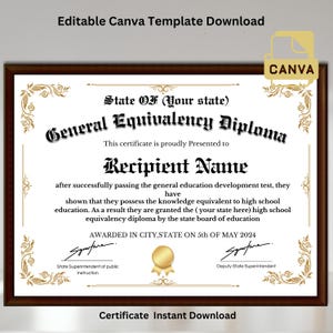 Plantilla de diploma de GED imprimible, diploma de escuela secundaria, diploma de equivalencia escolar, plantilla de réplica de diploma editable, descarga instantánea