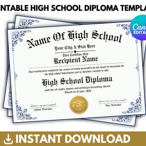 Plantilla imprimible para diploma de secundaria, plantilla para educación en casa, plantilla para réplica de diploma, descarga instantánea