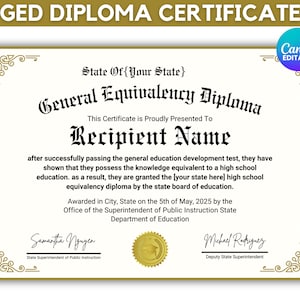 Druckbare GED-Diploma-Vorlage, Abitur, Schuläquivalenzdiplom, bearbeitbare Diploma-Replik-Vorlage, sofortiger Download