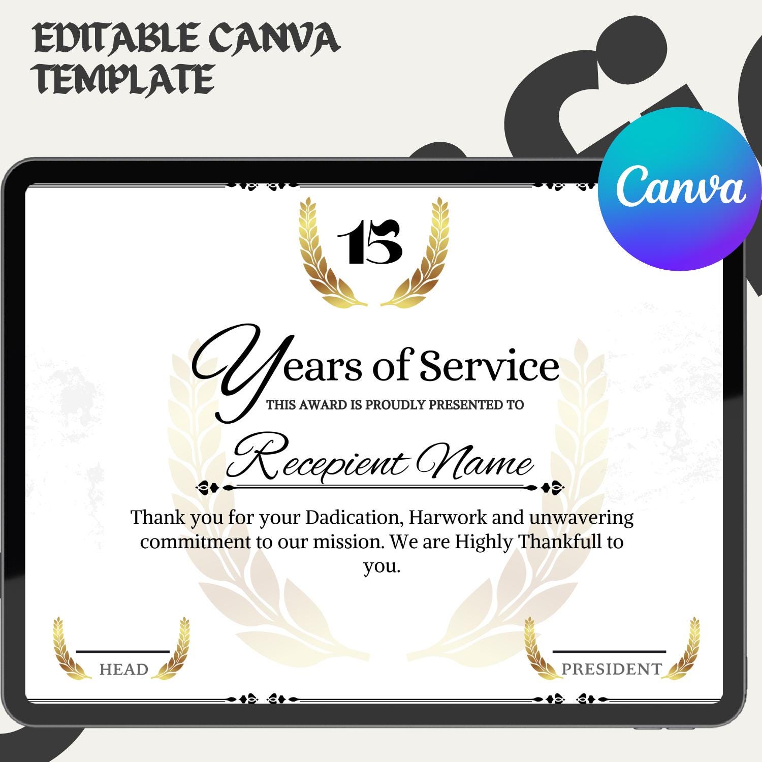 Editable Years of Service Award Certificate, Employee Work, Anniversary
