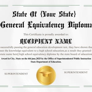 Editable GED Template, College Diploma with Gold Seal, Certificate, School Equivalency Diploma, High School Diploma, Instant Download