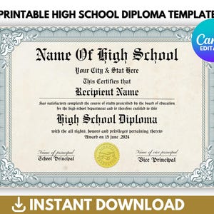 High School Diploma Template, High School Diploma With Gold Seal, Graduation Certificate Template, Editable Template, Instant Download