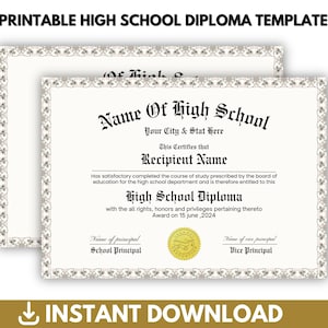 Plantilla imprimible de diploma de bachillerato, diploma de equivalencia escolar, plantilla de réplica de diploma editable, descarga instantánea