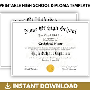 Plantilla de diploma de escuela secundaria imprimible/editable, plantilla de diploma de educación en el hogar, plantilla de réplica de diploma, diploma de escuela secundaria, descarga digital