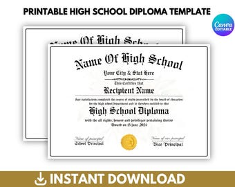 Printable/Editable High School Diploma Template, Homeschool Diploma Template, Diploma Replica Template, High School Diploma,Digital Download