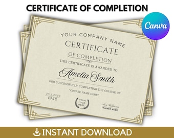 Editable Certificate Of Completion, Printable Course Certificate Of Completion, Canva Editable, Instant Download, Certificate Template