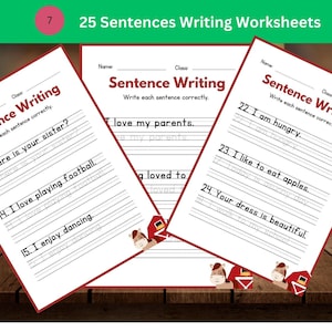 25 Printable Sentence Writing Worksheets, Write the Sentence Worksheets,Tracing Worksheets, Practice Writing Activity, 1st-3rd Grade ELA