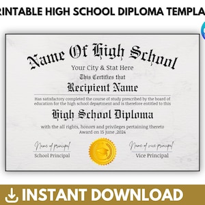 Plantilla imprimible de diploma de GED, diploma de secundaria, diploma de equivalencia escolar, réplica de diploma de regalo de graduación, descarga instantánea